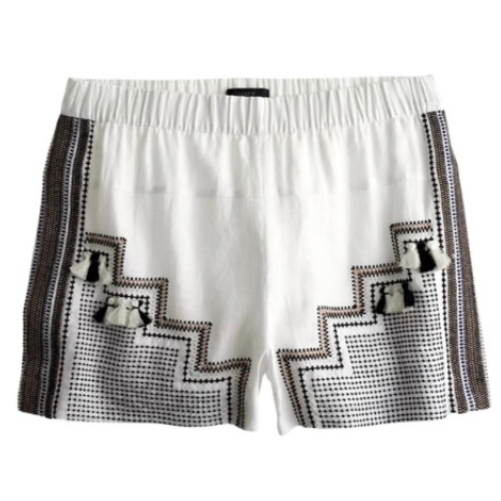 J Crew Embroidered Linen Tassle Boho Short White